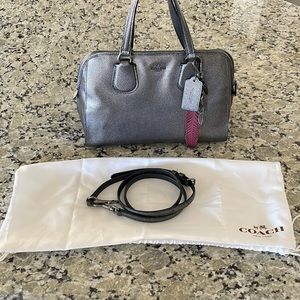 Coach Nolita Satchel in Metallic Pebble Leather with feather bag charm